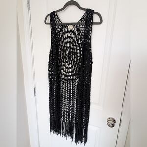 Umgee Women's Size L Black Crochet Fringe Cover-up